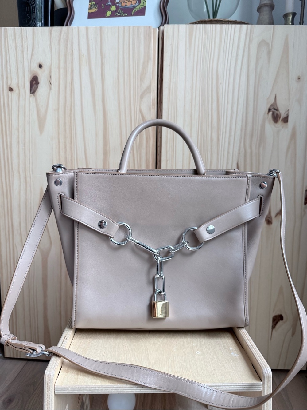 Alexander Wang Beige Leather Satchel with Chain and Padlock